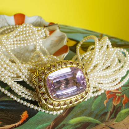 Kunzite Pendant Necklace w/ Diamonds & Pearls in 18k Yellow Gold