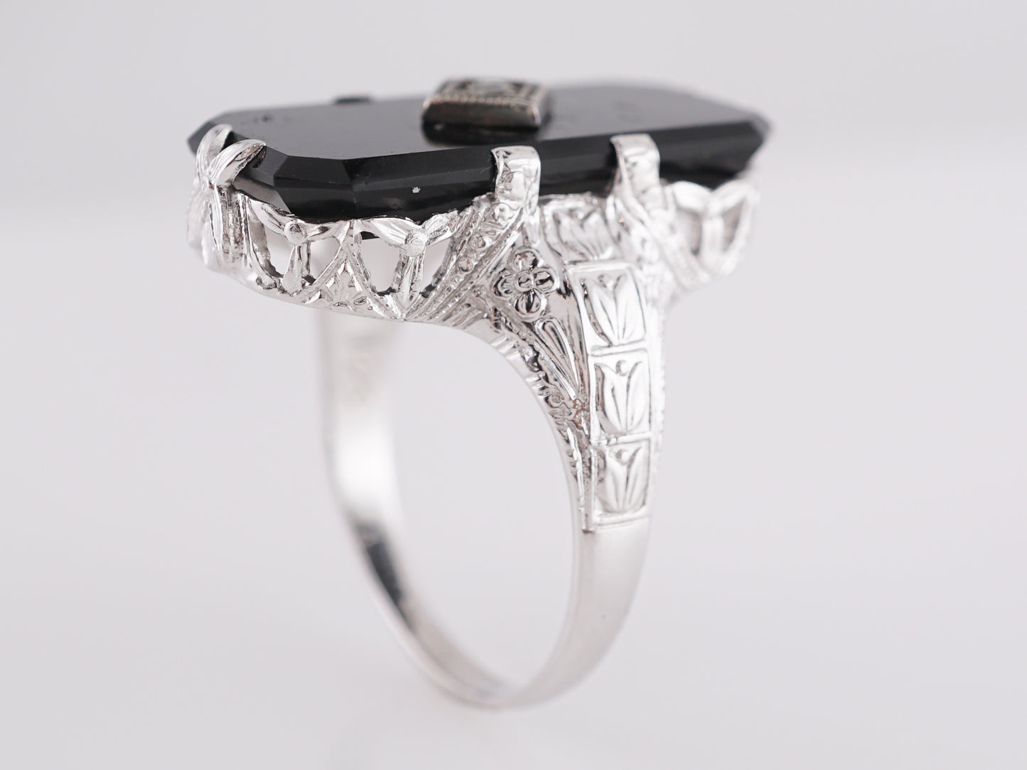 Vintage Art Deco Onyx and Diamond Ring in 14k White Gold