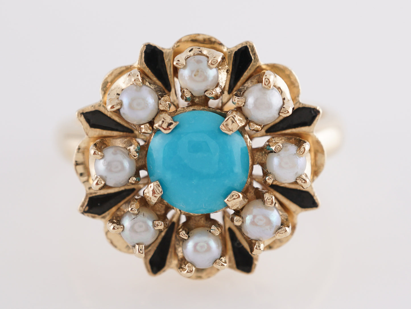 Vintage Mid-Century Turquoise & Pearl Cocktail Ring in 14k