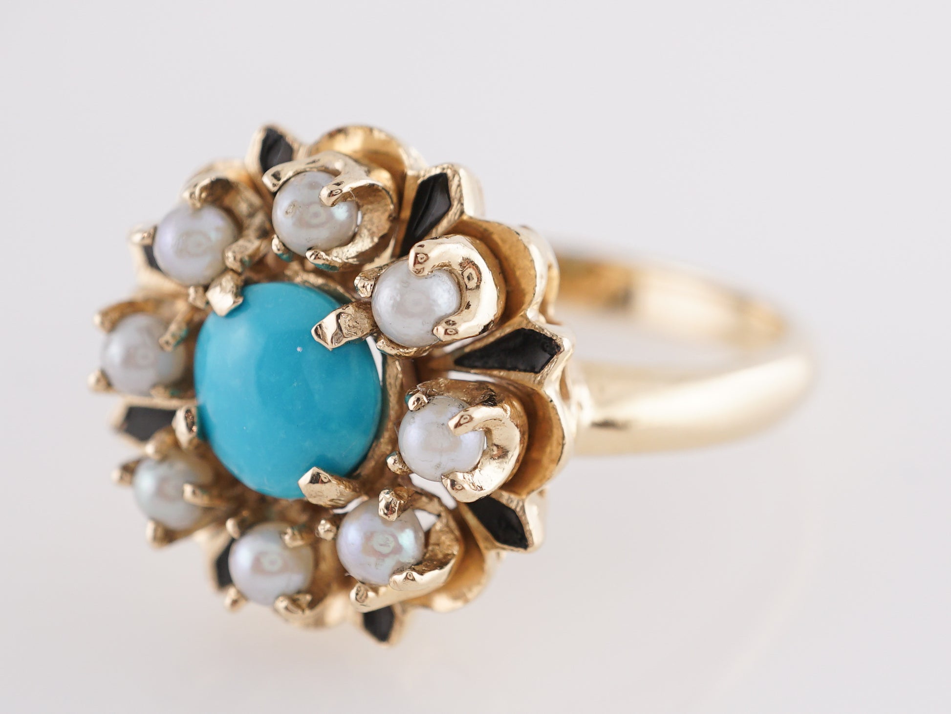 Vintage Mid-Century Turquoise & Pearl Cocktail Ring in 14k