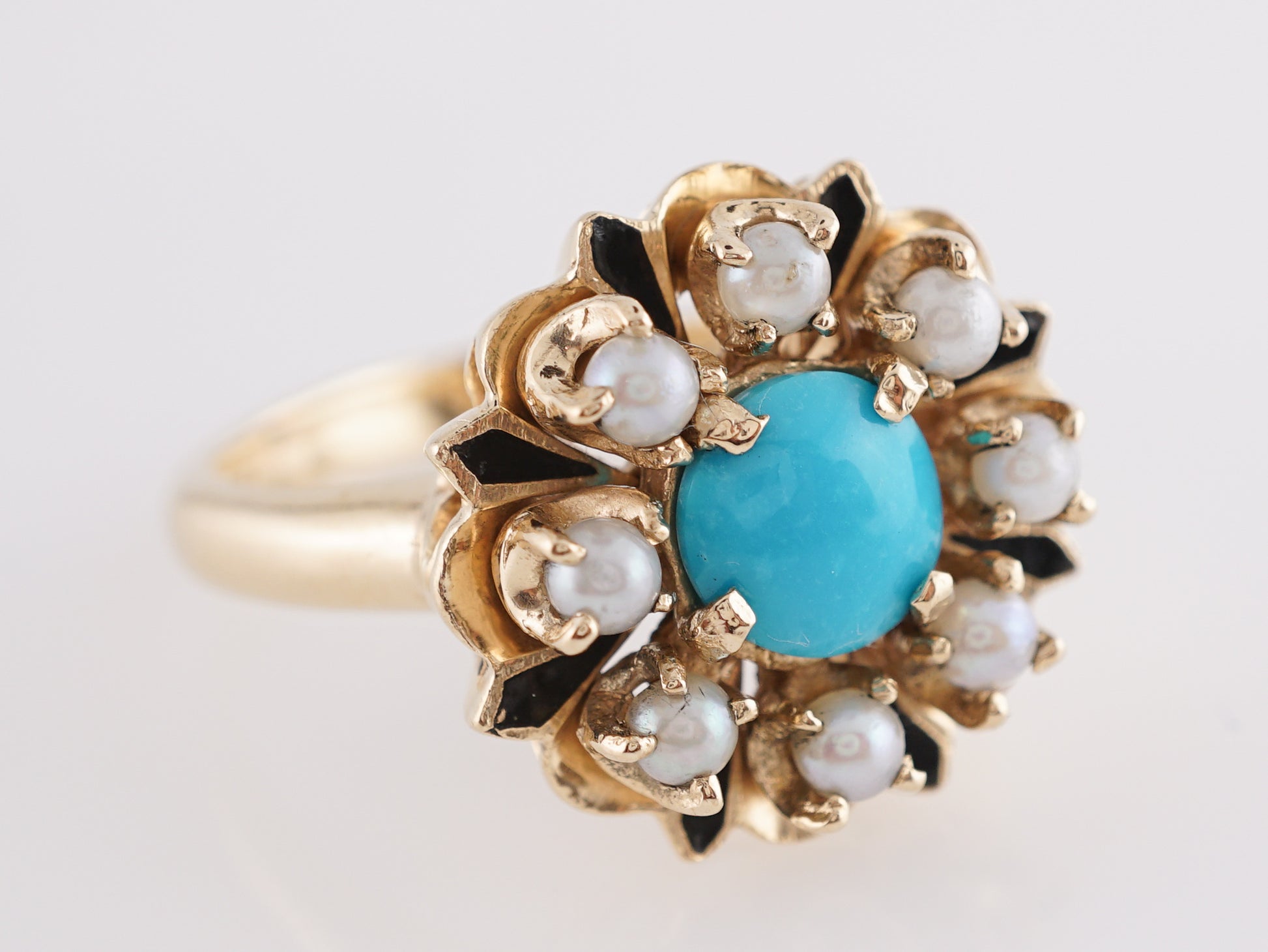 Vintage Mid-Century Turquoise & Pearl Cocktail Ring in 14k