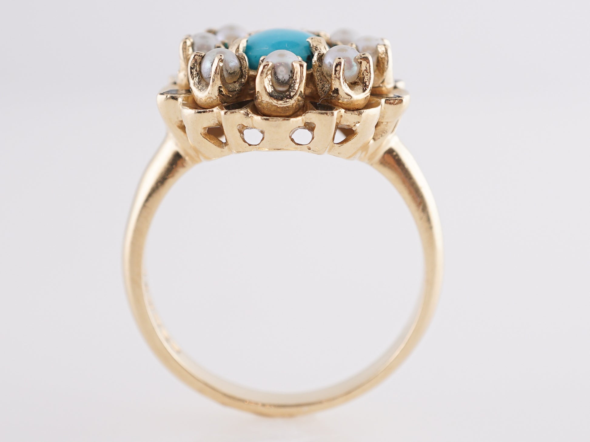 Vintage Mid-Century Turquoise & Pearl Cocktail Ring in 14k