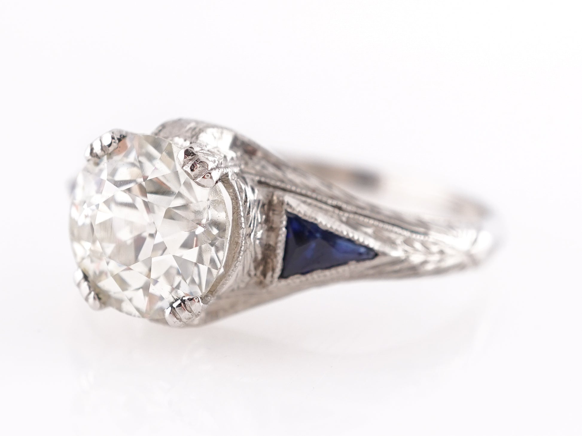 1.63 Art Deco Diamond & Sapphire Engagement in Platinum