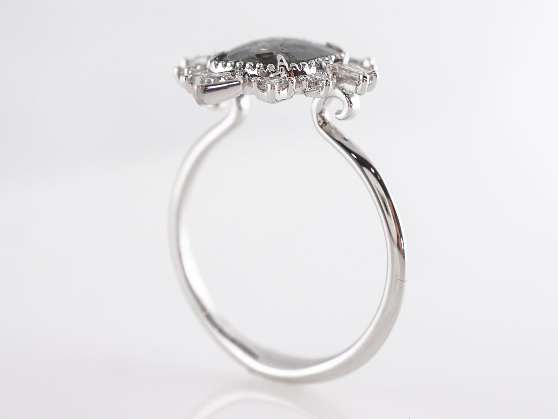 Grey Diamond Cocktail Ring w/ Rose Cut in 18K White Gold