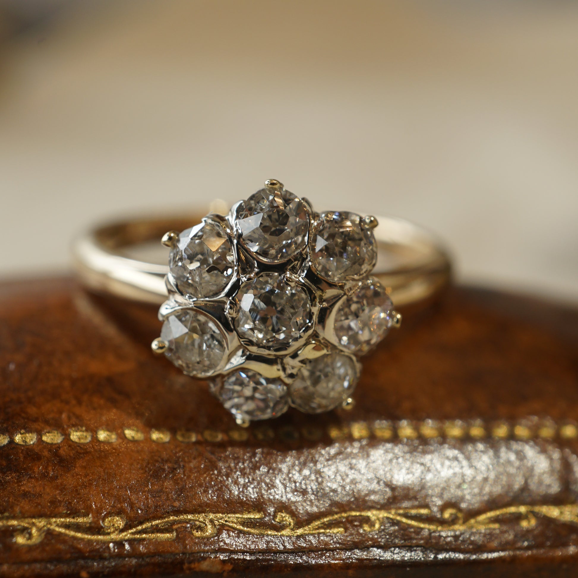 .84 Victorian Diamond Cluster Engagement Ring in 14k GoldComposition: 14 Karat White Gold/14 Karat Yellow GoldRing Size: 7.75Total Diamond Weight: .84 ctTotal Gram Weight: 2.8 g
