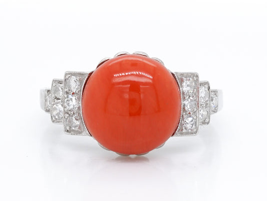 Vintage Cabochon Cut Coral & Diamond Ring in Platinum