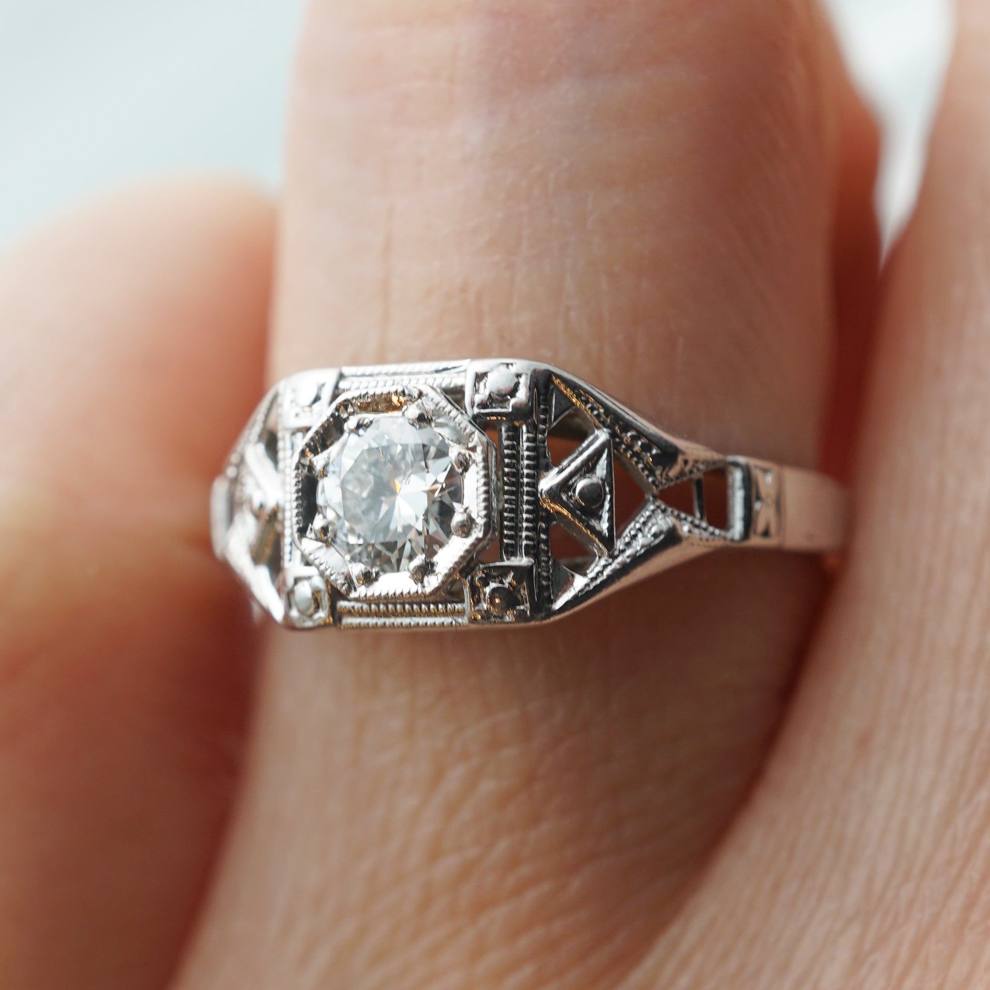 .32 Art Deco Filigree Diamond Engagement Ring in 18k White Gold