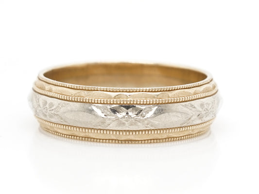 Vintage Deco Two-Tone Engraved Wedding Band in 14K