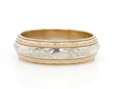 Vintage Deco Two-Tone Engraved Wedding Band in 14K