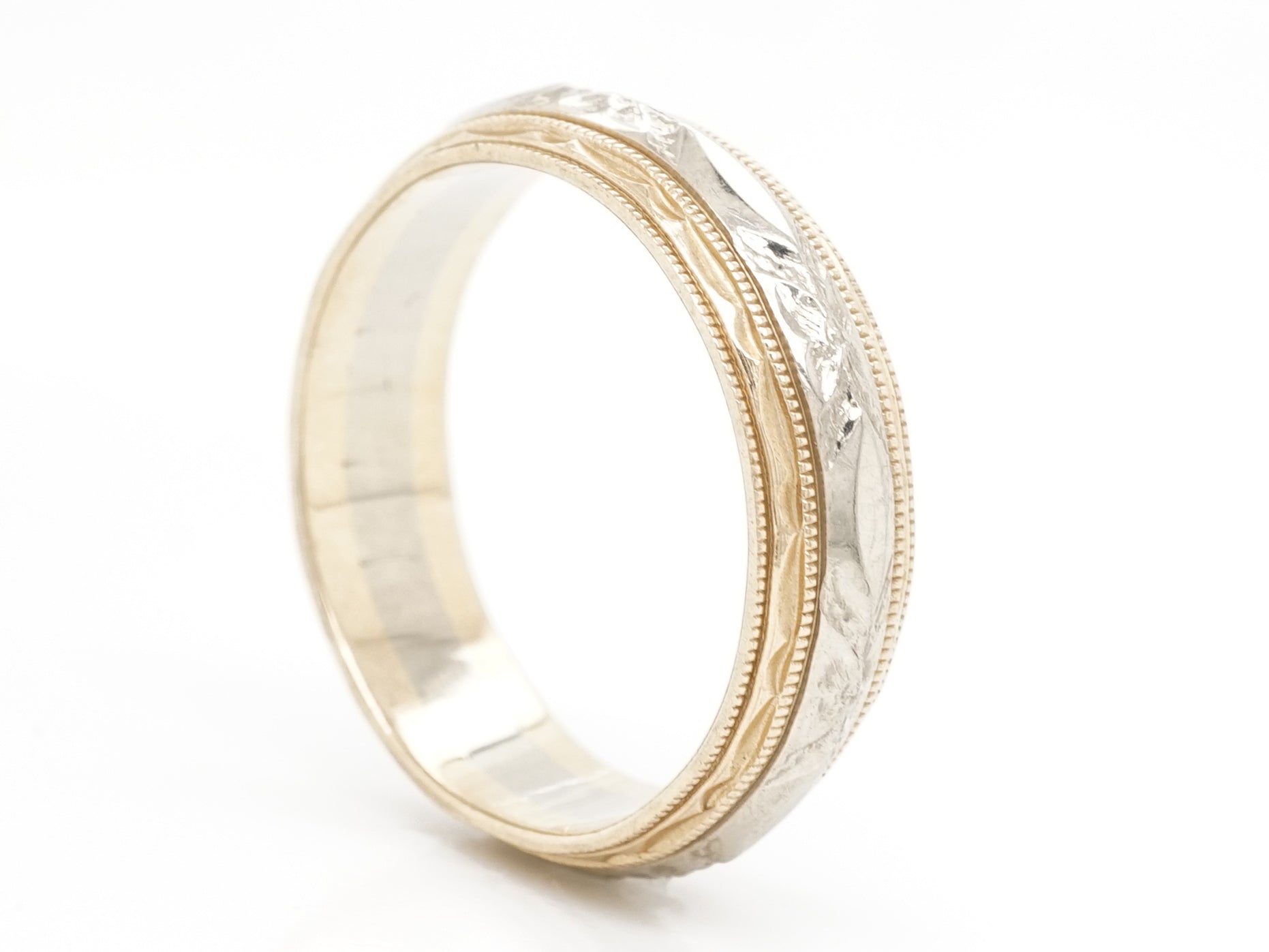 Vintage Deco Two-Tone Engraved Wedding Band in 14K