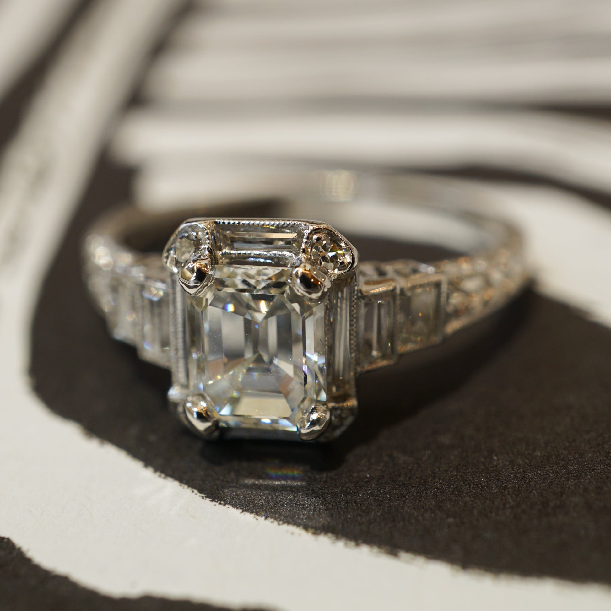 Emerald Cut Art Deco Diamond Engagement Ring in Platinum