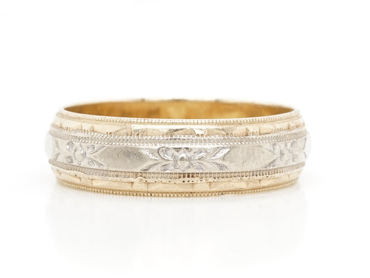 Vintage Deco Two-Tone Engraved Wedding Band in 14K