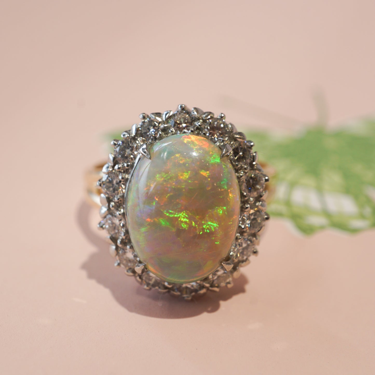 Mid-Century Opal & Diamond Cocktail Ring in 14K Gold