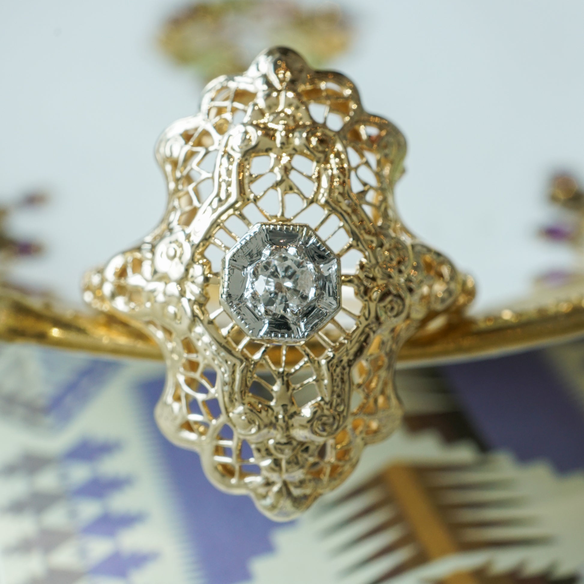 Filigree Diamond Cocktail Ring in 14k Yellow and White Gold