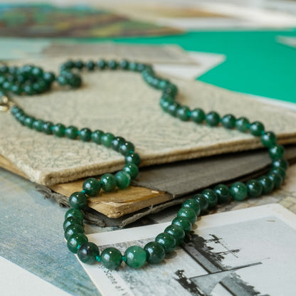 Mid-Century Nephrite Beaded Necklace with 14K Gold Clasp