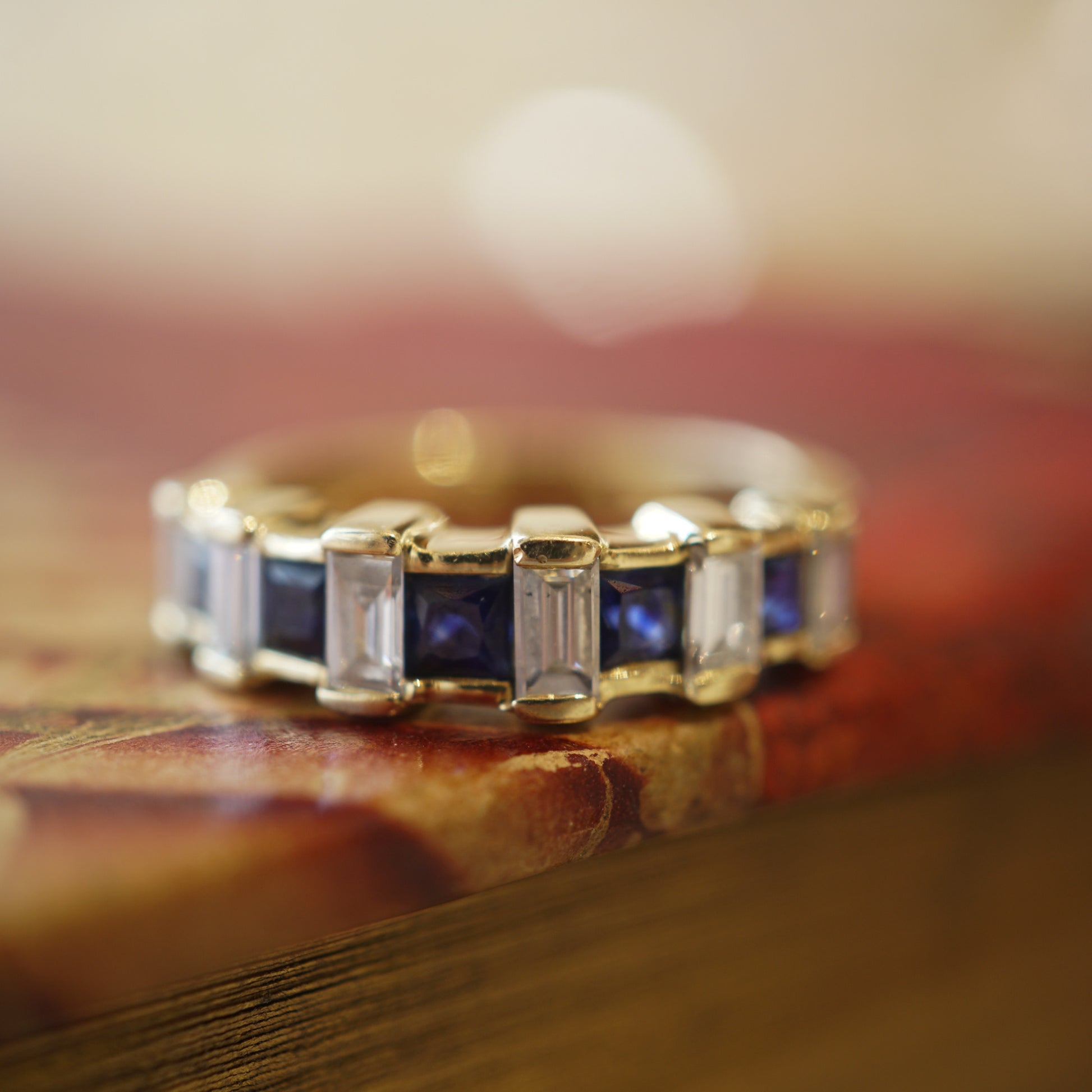 Sapphire Baguette Diamond Wedding Band in 14k Yellow Gold