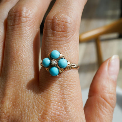 Victorian Turquoise & Pearl Cocktail Ring in 10k Gold