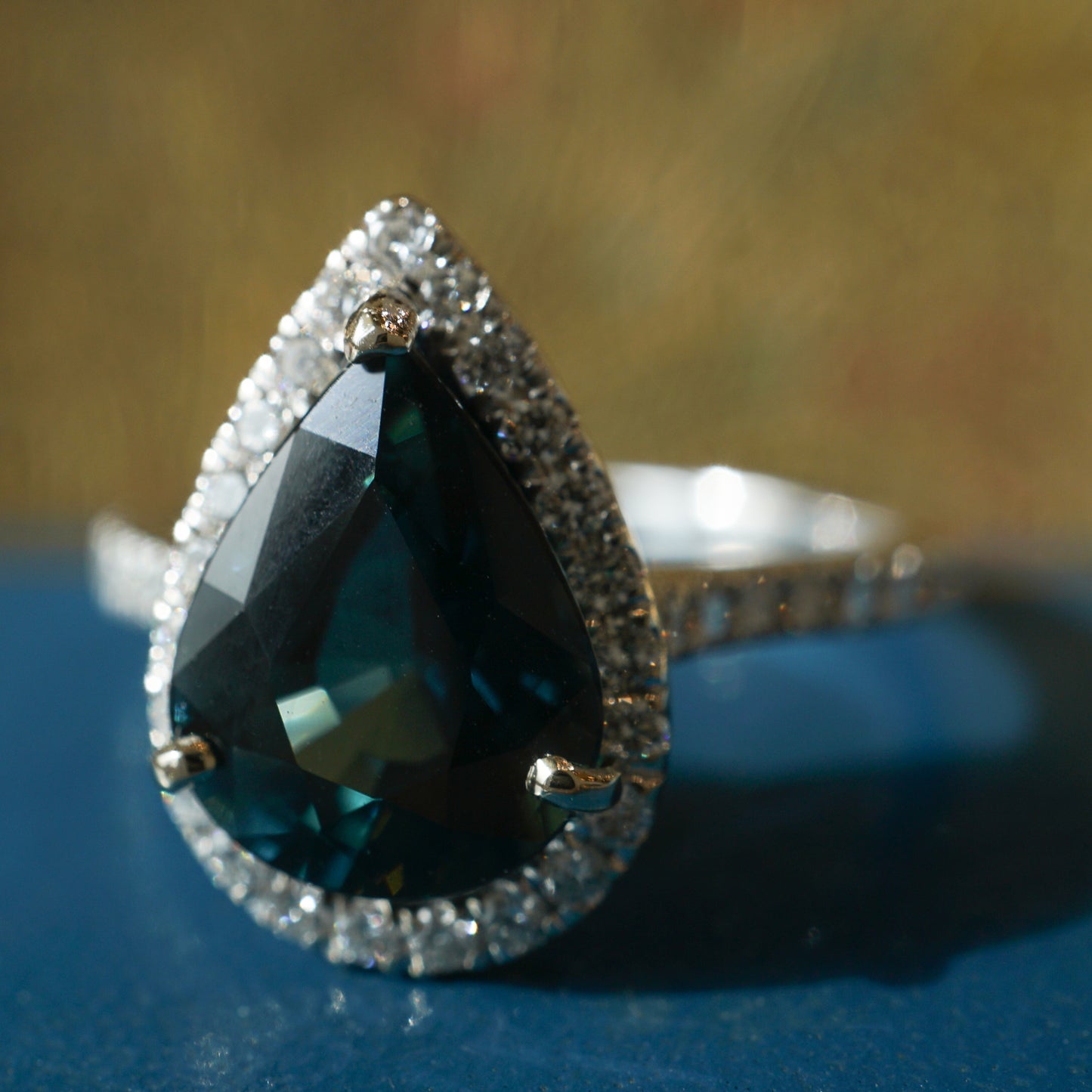 2.83 Pear Cut Green Sapphire and Diamond Ring in 14k White Gold