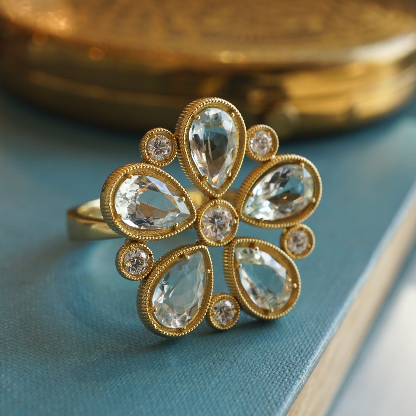 Aquamarine & Diamond Flower Cocktail Ring in 18K Yellow Gold