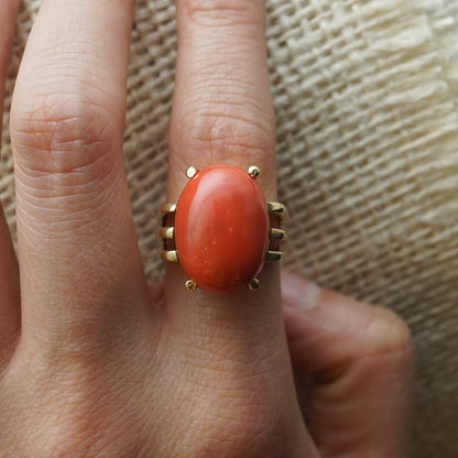 Mid-Century Coral Right Hand Ring in 18k Yellow Gold