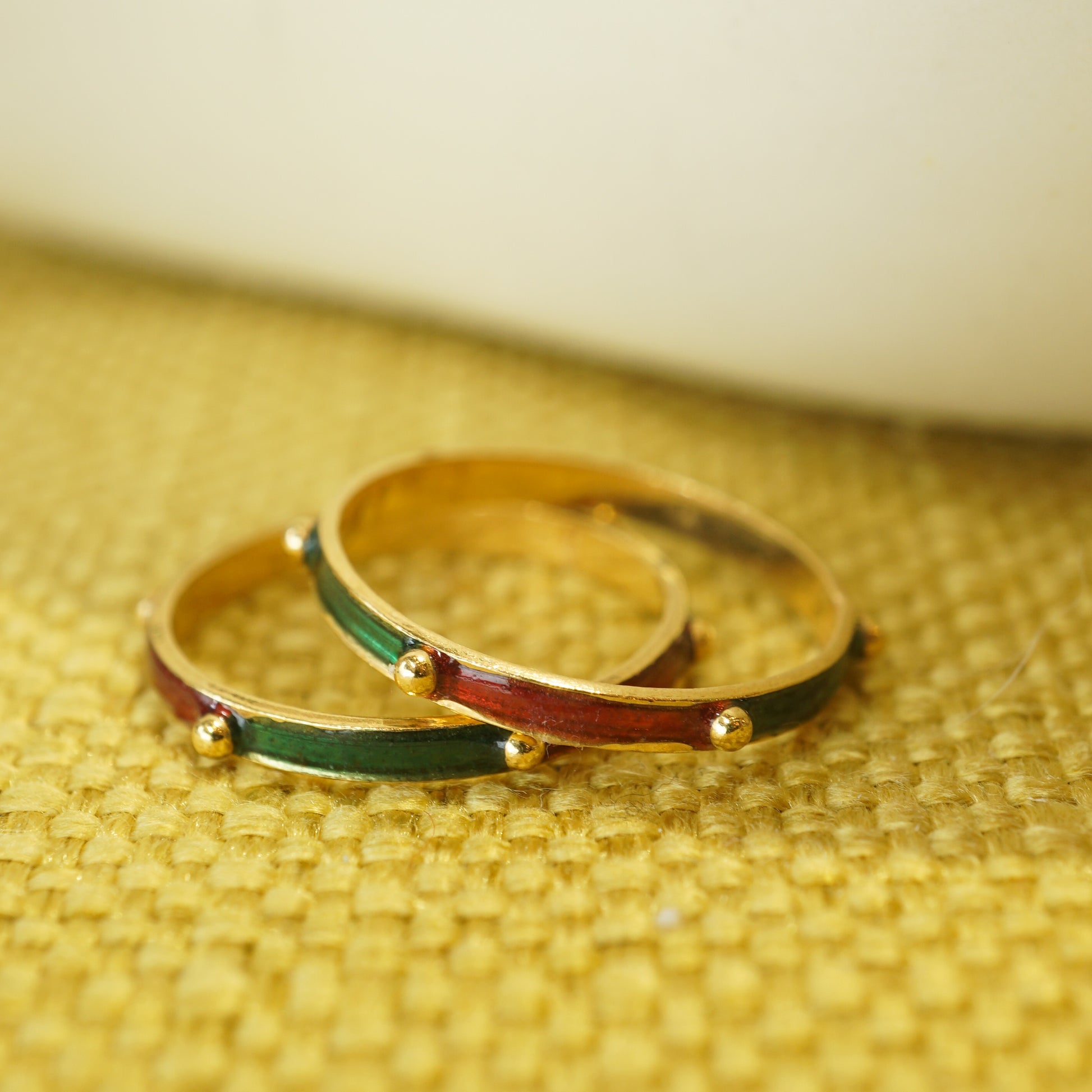 Green & Red Enamel Stacking Ring in 21k Yellow GoldComposition: 21 Karat Yellow GoldRing Size: 7.25Total Gram Weight: 1.3 g