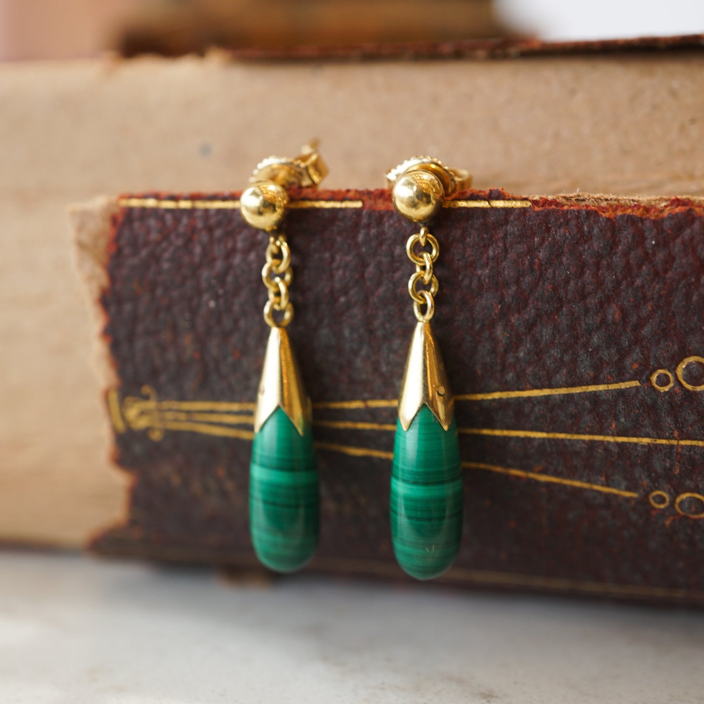 Mid-Century Malachite Drop Earrings 14k Yellow Gold