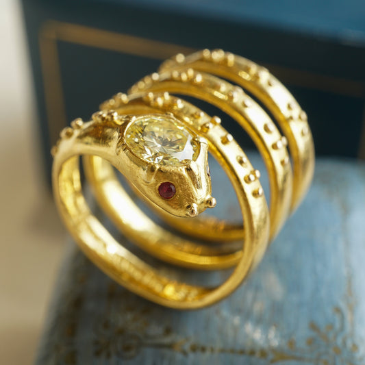 .68 Diamond Snake Ring w/ Ruby Eyes in 22k Yellow Gold