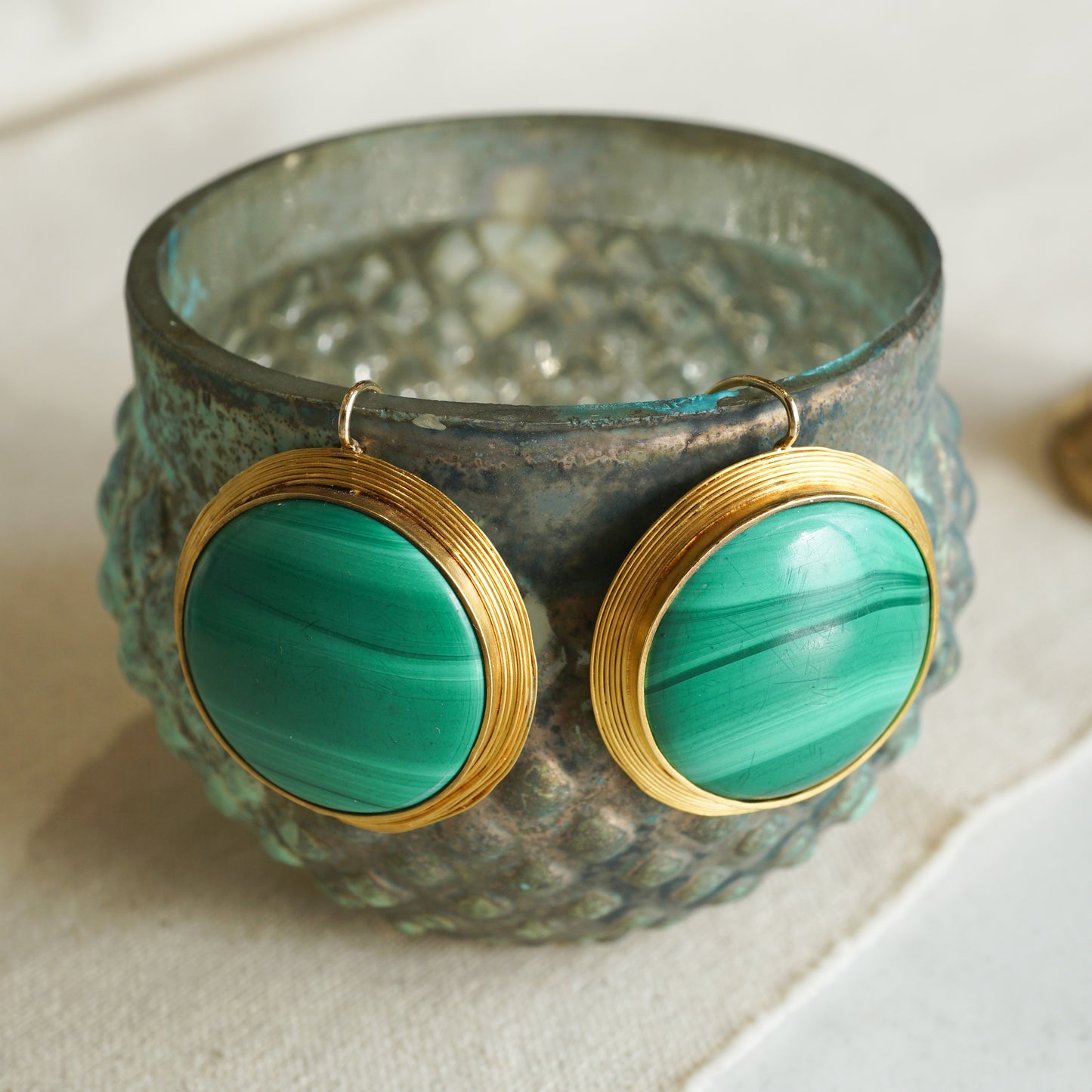 Large Cabochon Malachite Earrings in 14k Yellow Gold