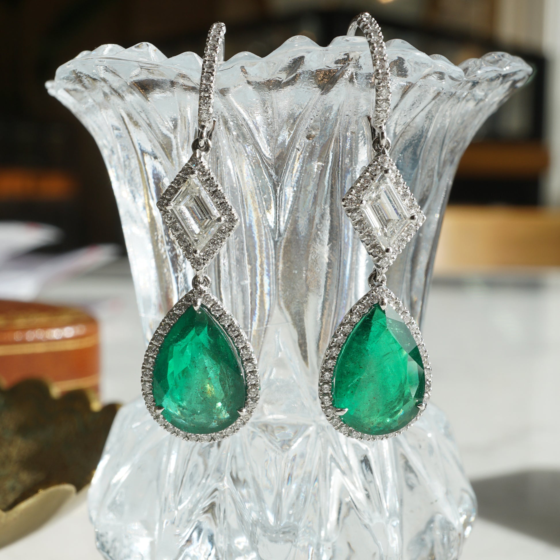 7.65 Pear Cut Emerald & Diamond Drop Earrings in Platinum
