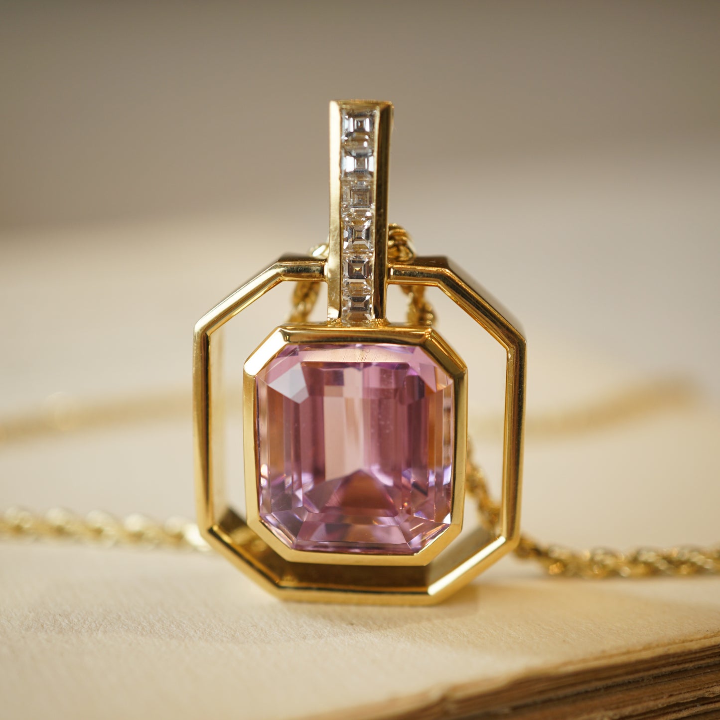 Susan Sadler Kunzite & Diamond Pendant in 18k Yellow Gold