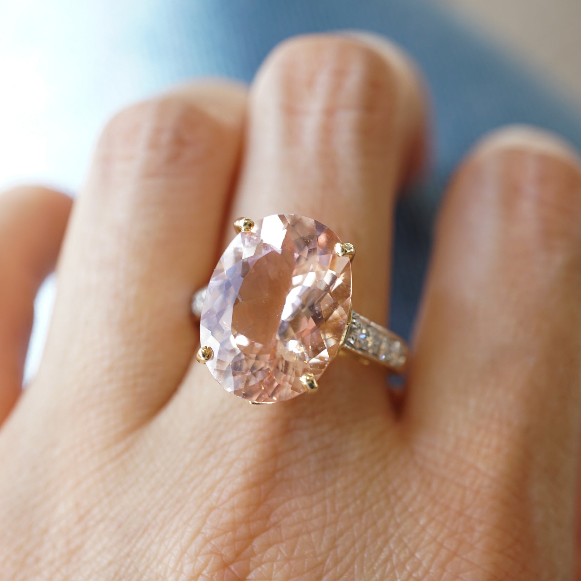 7.50 Oval Pink Morganite and Diamond Ring in 14k Yellow Gold and Platinum