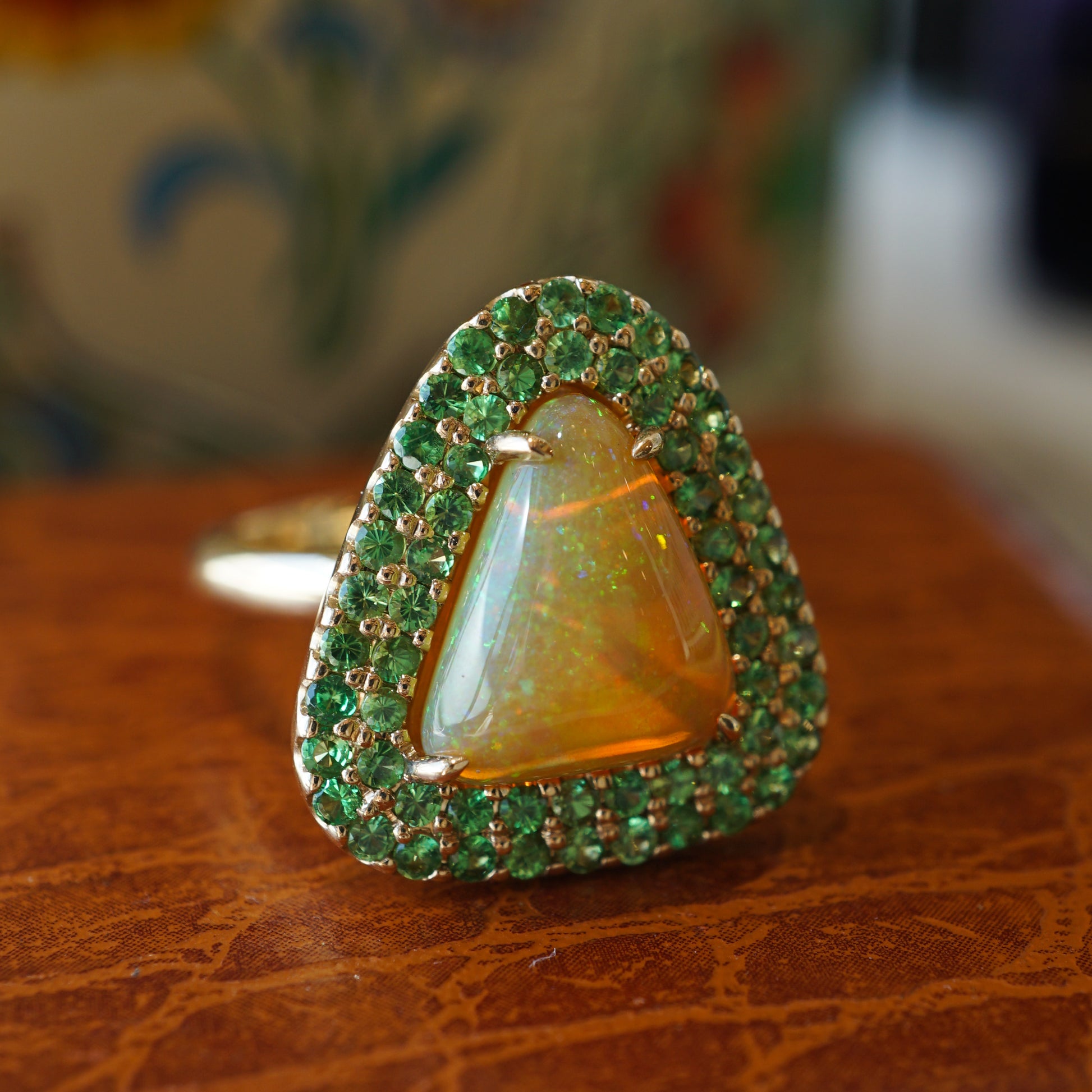 Jelly Opal & Tsavorite Garnet Cocktail Ring in 14k Yellow Gold