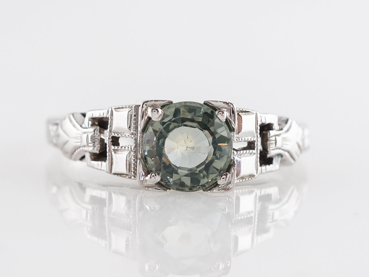 Vintage Deco Green Sapphire Ring in 18k White Gold