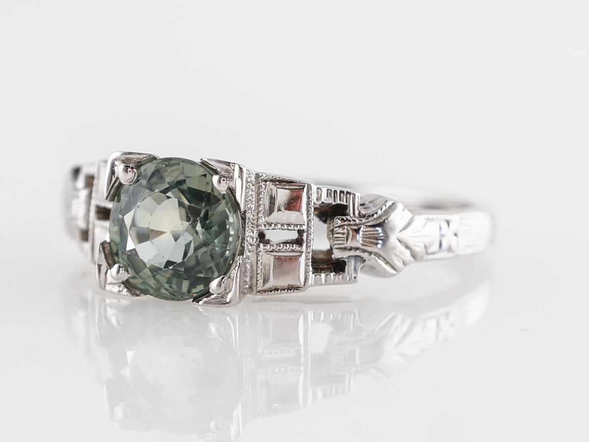 Vintage Deco Green Sapphire Ring in 18k White Gold