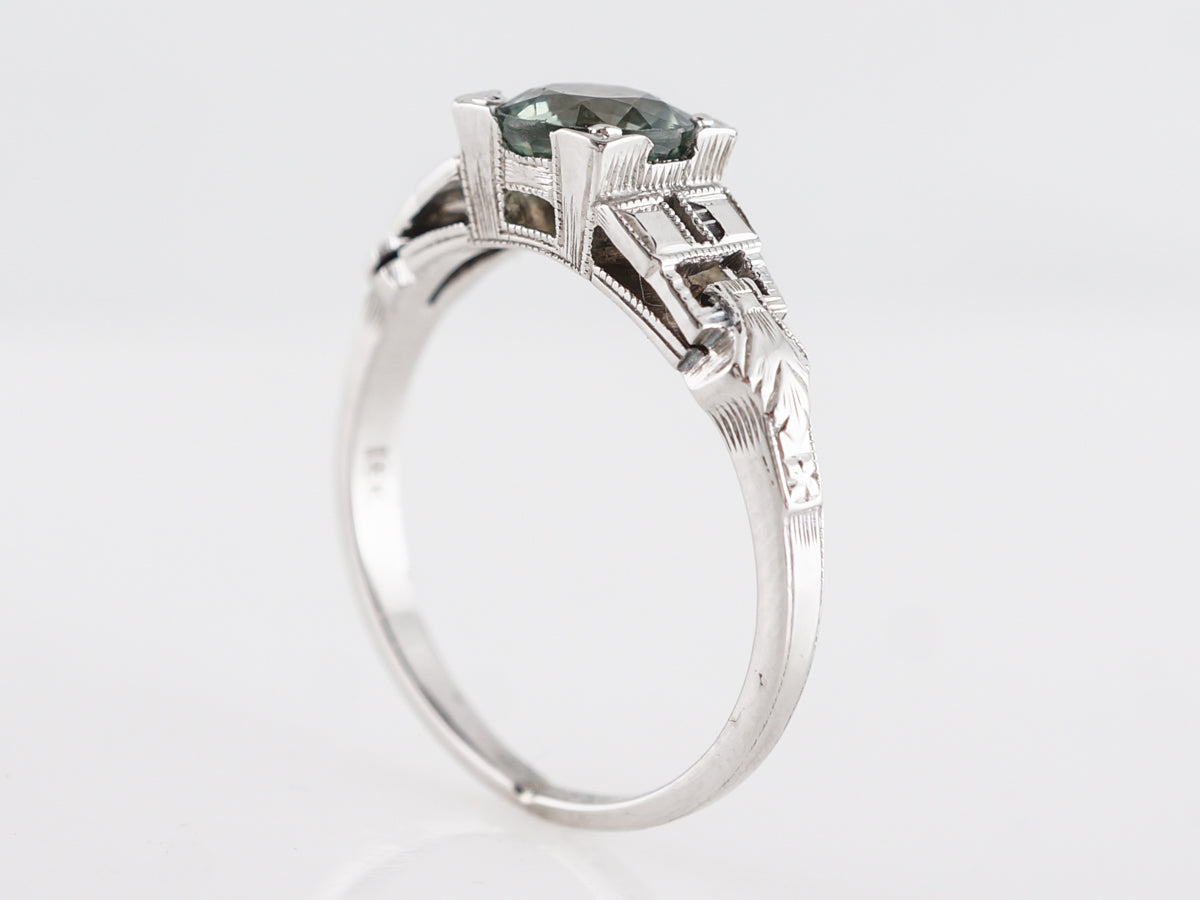 Vintage Deco Green Sapphire Ring in 18k White Gold