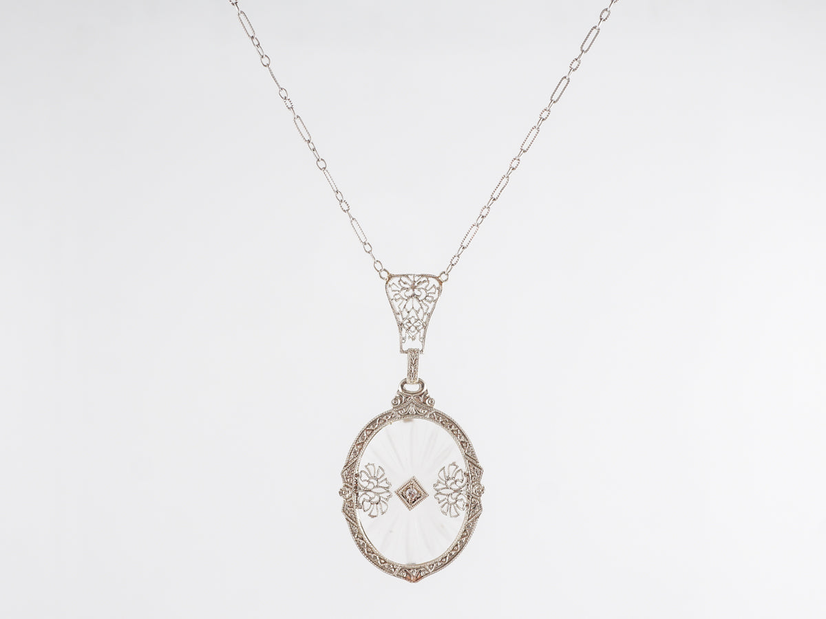 Art Deco Camphor Filigree Necklace w/ Single Cut Diamond