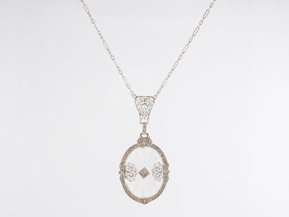 Art Deco Camphor Filigree Necklace w/ Single Cut Diamond