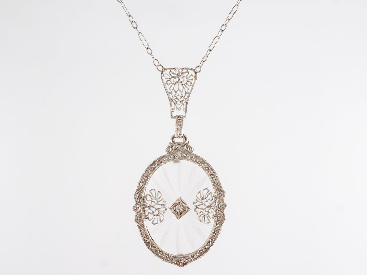 Art Deco Camphor Filigree Necklace w/ Single Cut Diamond