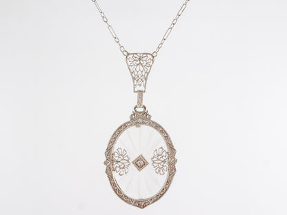 Art Deco Camphor Filigree Necklace w/ Single Cut Diamond