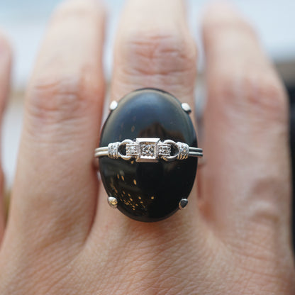 Art Deco Oval Onyx and Diamond Ring in 14k White Gold