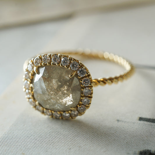 1.45 Grey Rose Cut Diamond Halo Engagement in 18K Yellow Gold