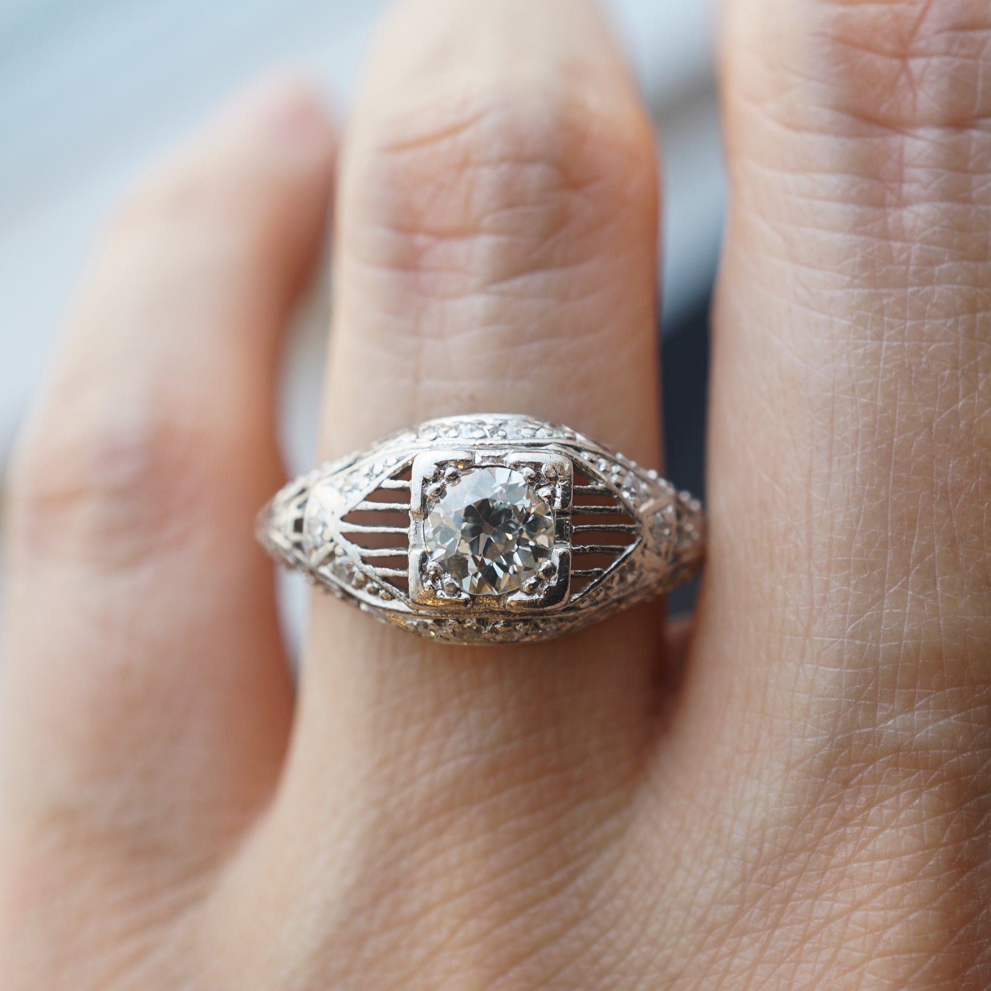 Intricate Art Deco Filigree Diamond Engagement Ring in Platinum