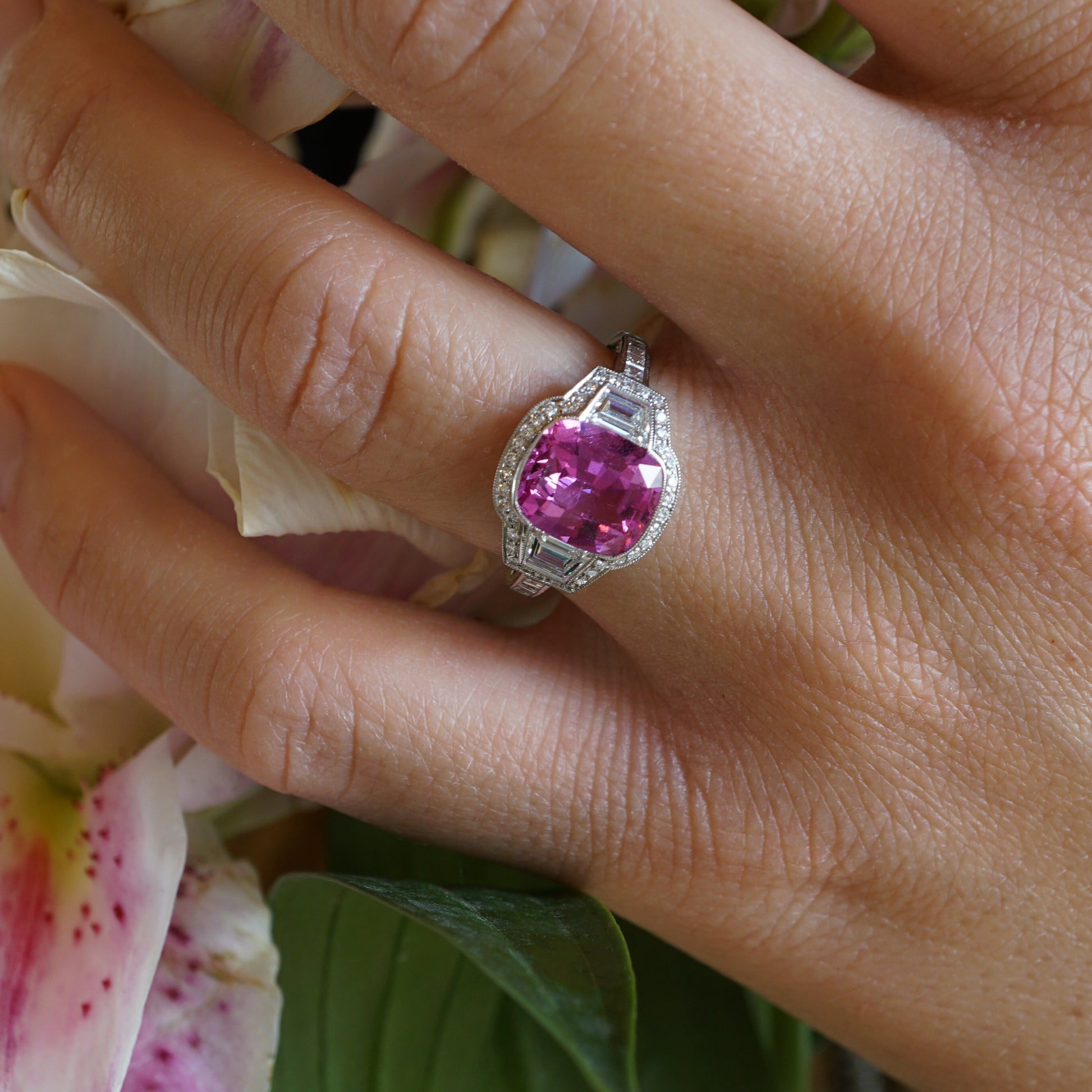 3.08 Pink Sapphire & Diamond Engagement Ring in Platinum