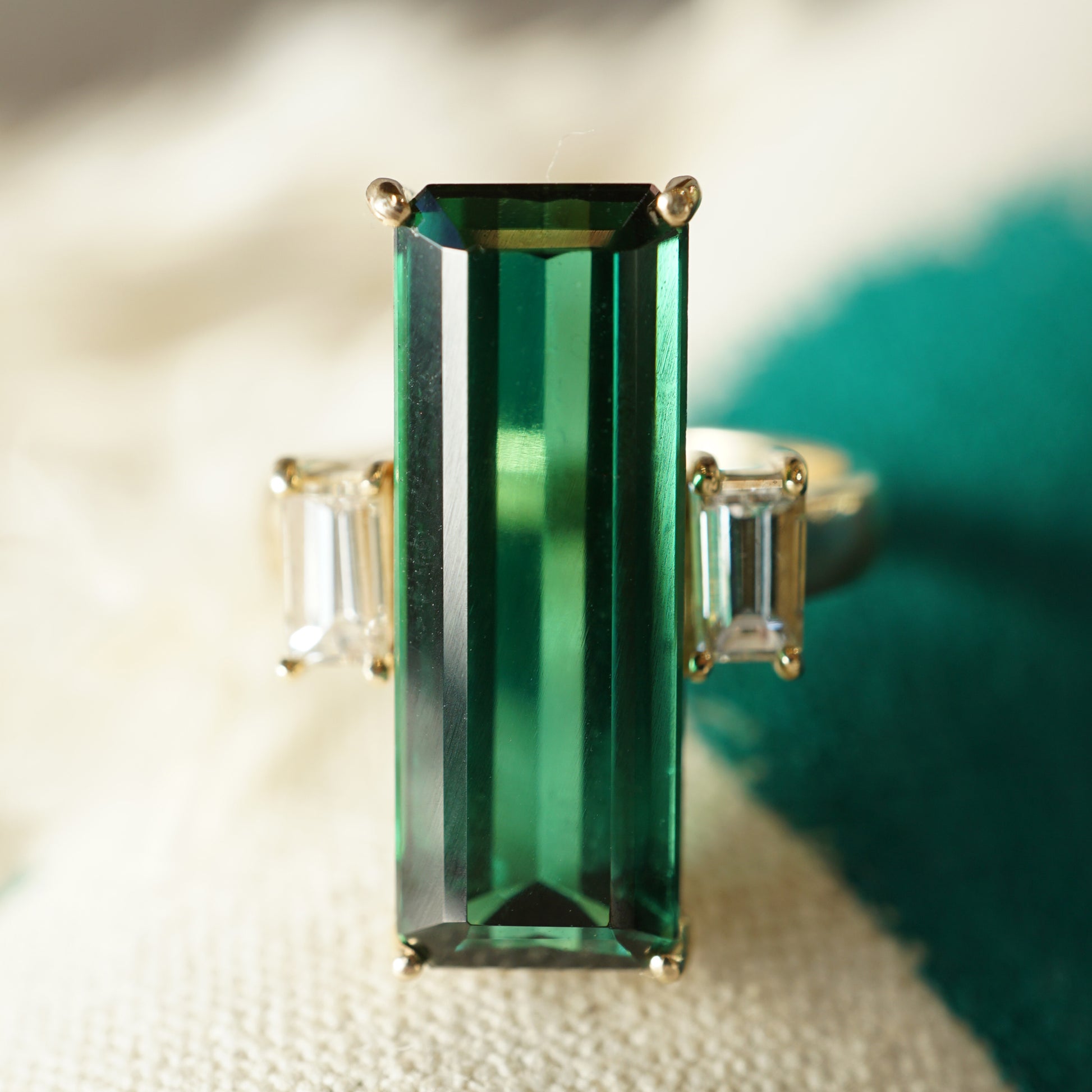Emerald Cut Tourmaline Diamond Ring in 14k Yellow Gold