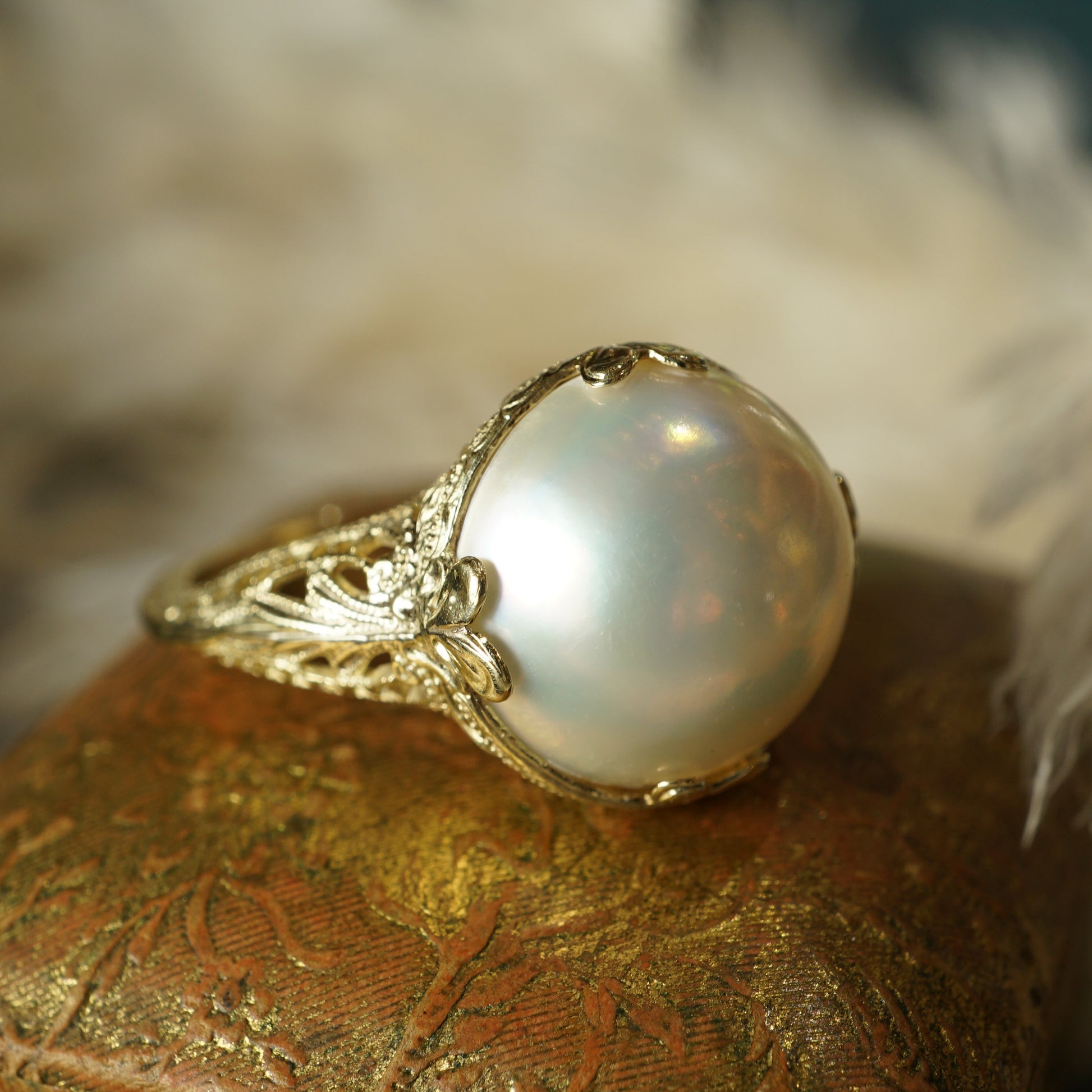 Vintage Inspired Mabe Pearl Ring in 14k Yellow GoldVintage Inspired Mabe Pearl Ring in 14k Yellow Gold