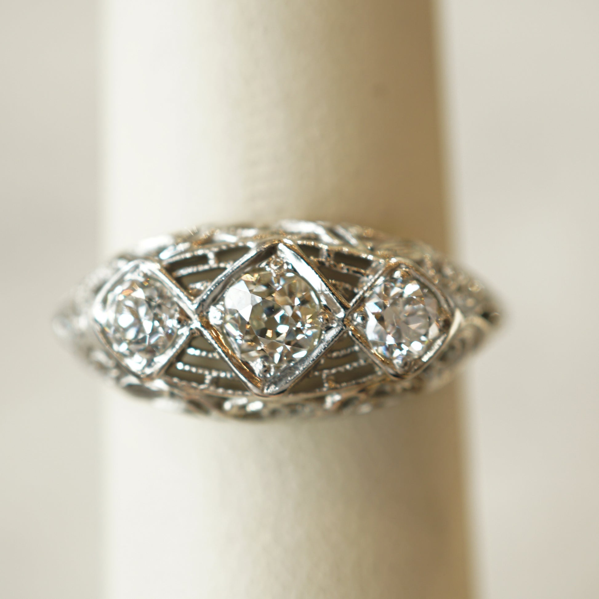 Antique Filigree Three Stone Engagement Ring in 18k White Gold