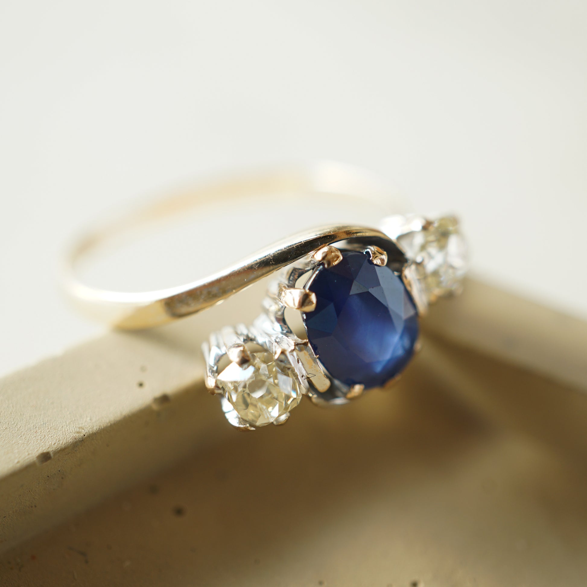 Victorian Sapphire & Diamond Engagement Ring in 14k Yellow Gold