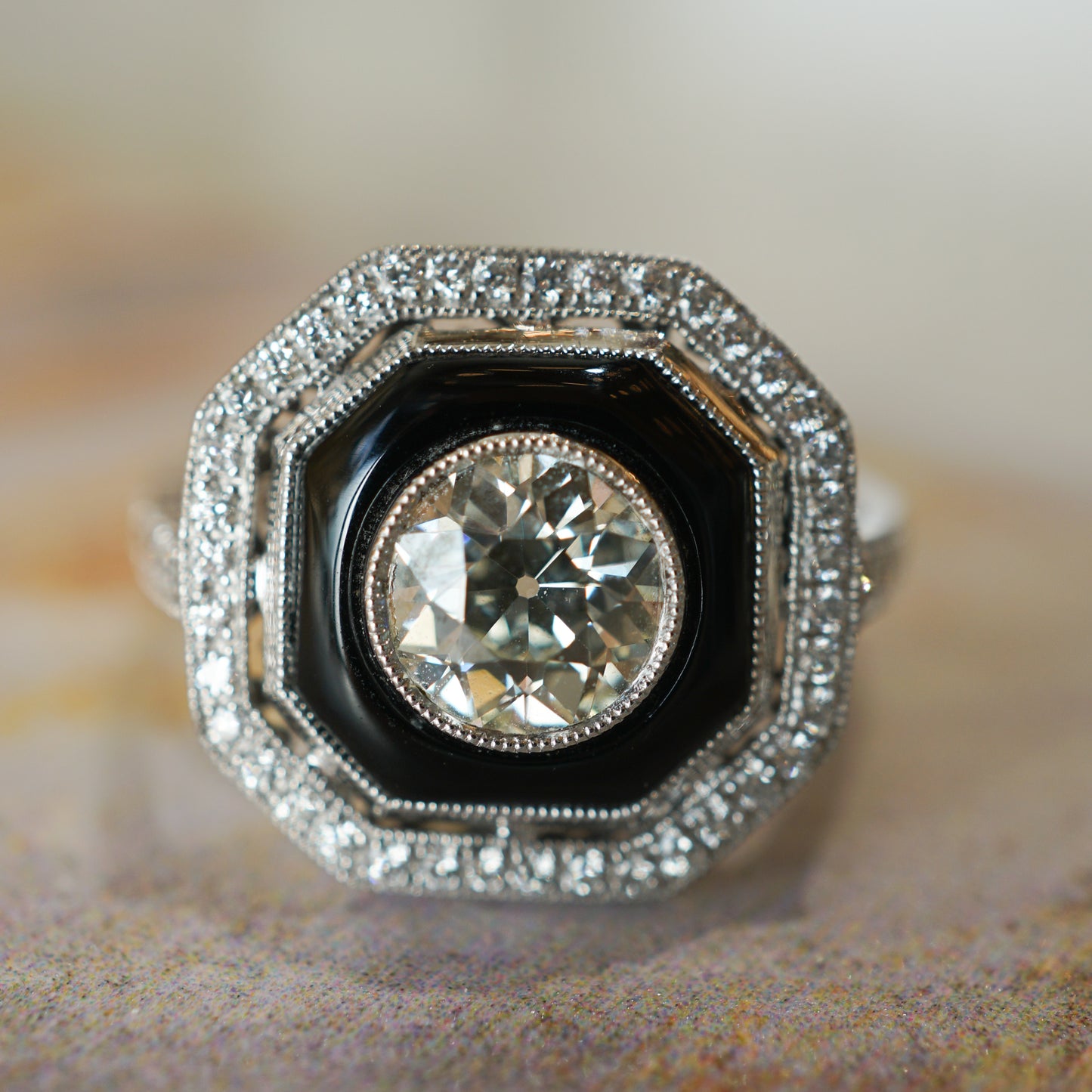 .95 Old European Cut Diamond & Onyx Cocktail Ring in Platinum