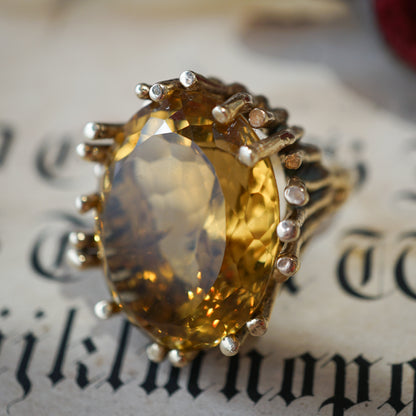 Mid-Century 65.00 Carat Citrine Cocktail Ring in 14k Yellow Gold