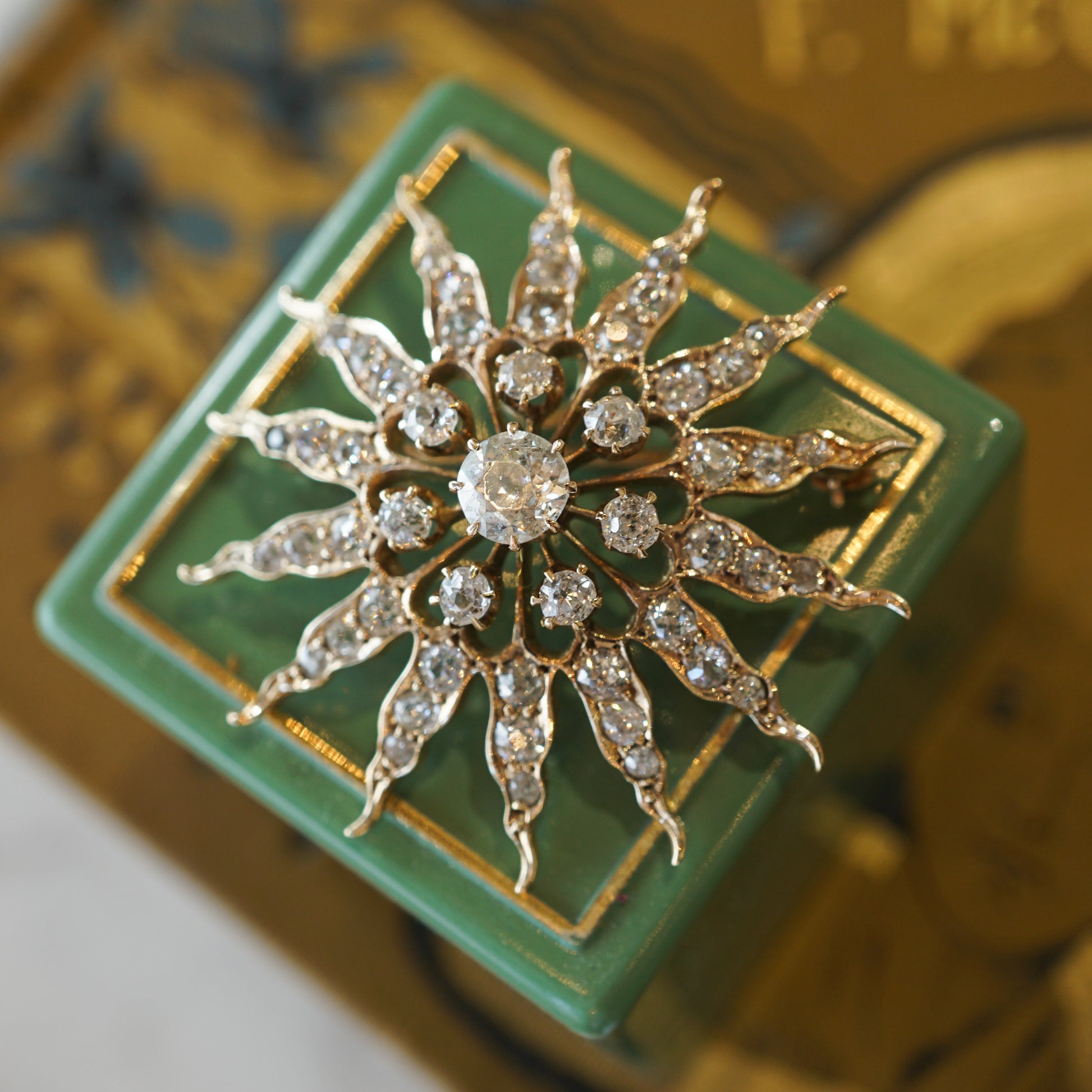 Victorian Diamond Sun Brooch Pendant in 14k Yellow Gold